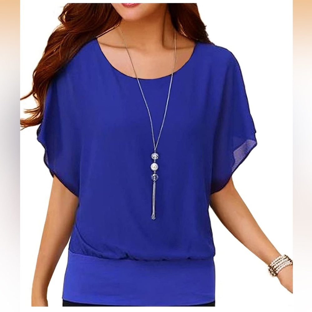 Women’s Blue Summer Loose Casual Short Sleeve Chiffon Top Size S